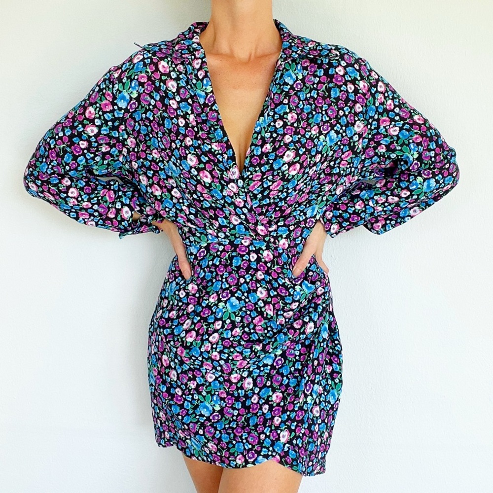 ZARA purple floral collared surplice long sleeve shirt dress size small